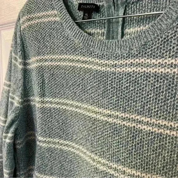 Talbots Striped Crew Neck Sweater with Zipper Size XL, Blue Green Cream - Picture 1 of 4